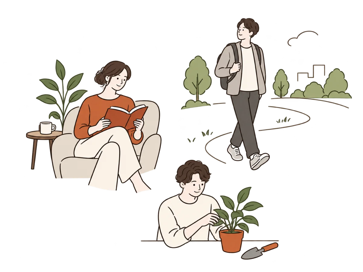 本を読む人、街を歩く人、植物の世話をする人